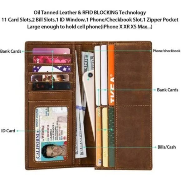 MEN'S RFID Vintage Look Genuine Leather Long Bifold Wallet Eagle Brown - Picture 3 of 8